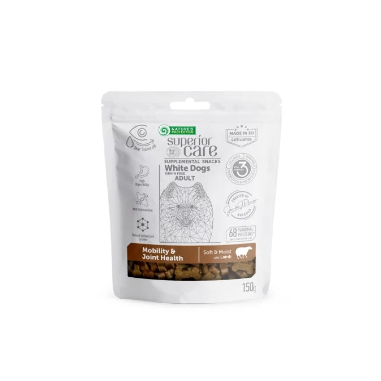 SUPERIOR CARE WHITE DOGS ADULT MOBILITY & JOINT HEALTH SUPPLEMENTAL SNACKS GRAIN FREE Með lambi 150gr