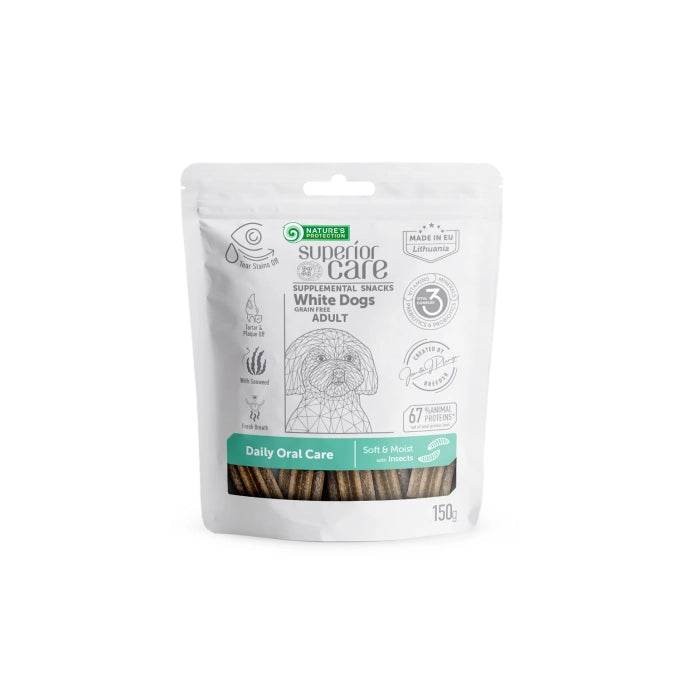SUPERIOR CARE WHITE DOGS ADULT DAILY ORAL CARE SUPPLEMENTAL SNACKS GRAIN FREE Með skordýra próteini