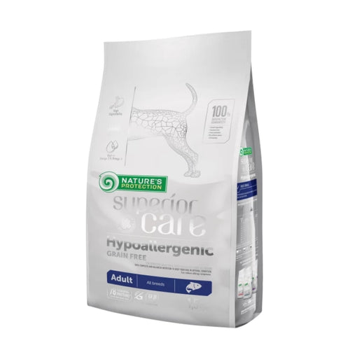 NATURE'S PROTECTION SUPERIOR CARE
dry grain free pet food with salmon for adult sensitive dogs of all breeds

Ofnæmis hundamatur með lax