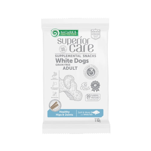 SUPERIOR CARE SUPPLEMENTAL SNACKS WHITE DOG GRAIN FREE ADULT HEALTHY HIPS & JOINTS SOFT & MOIST WITH Með hvítum fisk 110gr