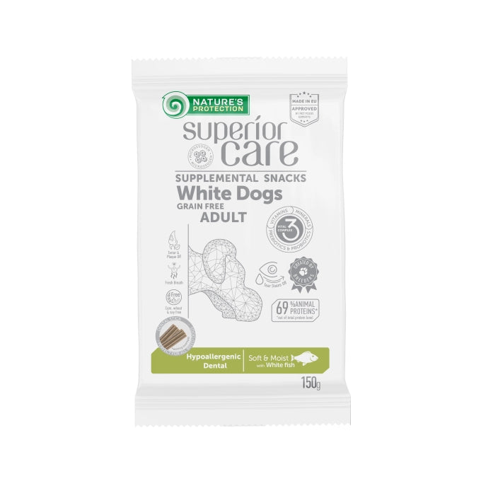 SUPERIOR CARE Ofnæmis Snack. Fyrir tannheilsu. Fyrir hvíta hunda 150gr